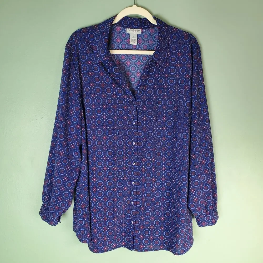 Catherines Womens Blue Geometric Button Front Long Sleeve Shirt Top Size 2X